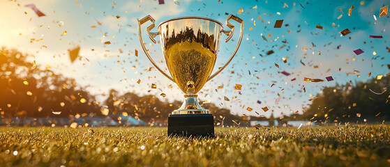 Golden Trophy Surrounded by Colorful Confetti on Green Grass Field