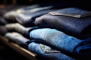 Jeans displayed on a shop shelf — hyper realistic fabric textures, moody shadows, bright saturation in clothing colors