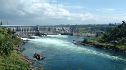 Scenic View of a Hydroelectric Dam at Daytime with Turquoise Water Flowing and Lush Greenery Surrounding the Landscape under Blue Sky with Clouds
