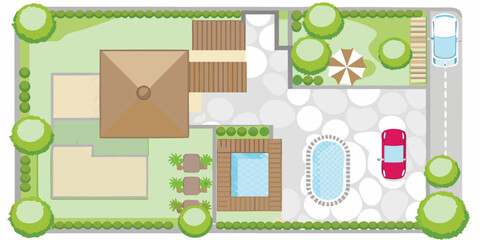 Top view illustration of a modern house with a swimming pool deck and garden landscaping