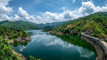 Serene Landscape View of Calm Lake Surrounded by Lush Green Mountains and Clear Blue Sky with Fluffy Clouds at Midday