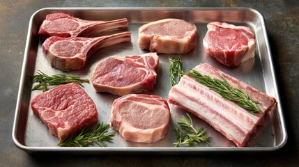 Fresh Assortment of Raw Meats Including Lamb Chops, Pork Chops, and Beef Cuts Displayed on a Metal Tray with Green Sprigs of Rosemary for Culinary Use