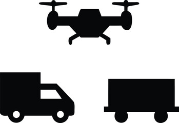Drone, Delivery Truck, and Cargo Lorry Black Silhouette Icon Set