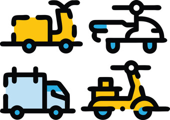 Flat Line Icons of Delivery Vehicles for Logistics and Transport