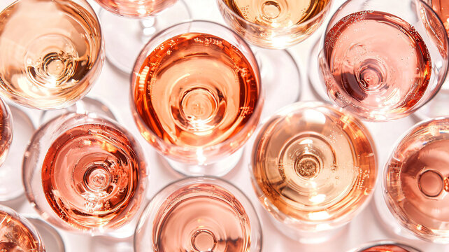 Elegant Arrangement of Rosé Wine Glasses on White Background