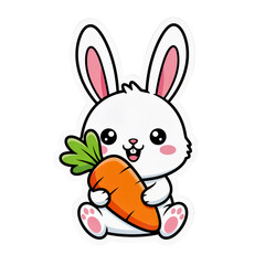 Obraz premium white bunny holding a big orange carrot with happy expression, kawaii cartoon style perfect for stickers, kids design, Easter, and cute animal art