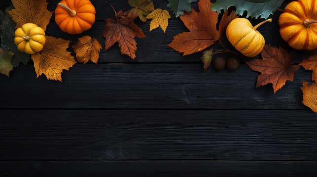 Colorful pumpkins and autumn leaves arranged on a dark wooden surface for seasonal decoration