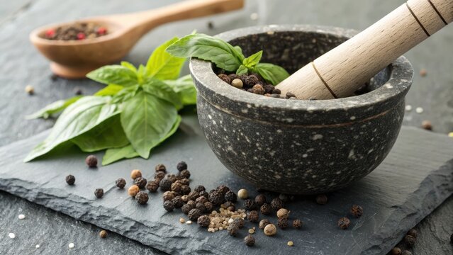 Stone mortar and pestle with fresh basil and peppercorns
