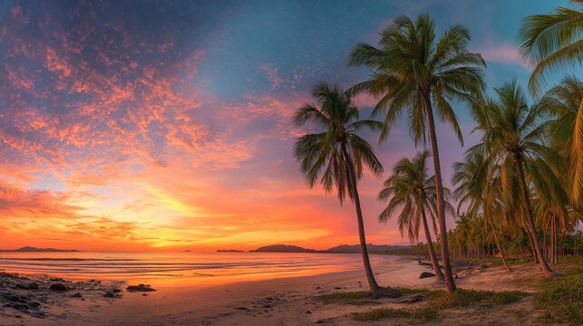 Tropical sunset over a tranquil beach with palm trees and colorful clouds on a serene evening
