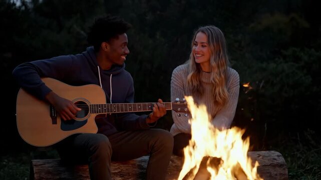 A diverse couple shares a romantic moment playing guitar by a warm campfire