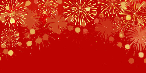 Bright yellow and orange fireworks explode against a vibrant red background with scattered bokeh lights © Bivuti