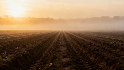 Early morning farmland with straight furrows under misty golden light. travel magazines, destination branding, designed for travel destination branding, used by ngo communicators.