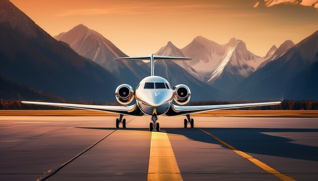 a private jet is parked on a runway in front of mountains generative ai