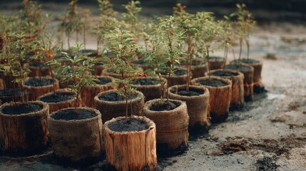 Fototapeta premium Seedlings in Natural Fiber Pots Ready for Planting on a Sunny Day at an Organic Farm, Showcasing Sustainable Gardening Practices and Green Growth