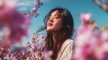 Fototapeta premium 春風と桜に包まれる女性の横顔の描写