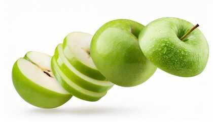 flying or falling fresh sliced full ripe green apples on transparent or white background
