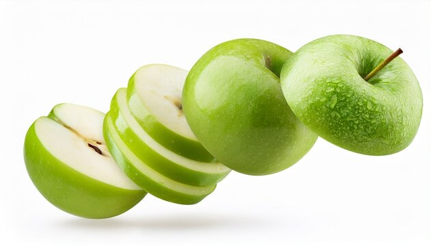 flying or falling fresh sliced full ripe green apples on transparent or white background