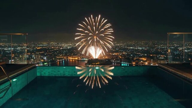 Spectacular Fireworks Display Over City Skyline Reflected in Rooftop Pool.