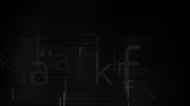 Animated dark background with moving alphabet letters in varying sizes and opacity creating a mysterious tech-inspired effect
