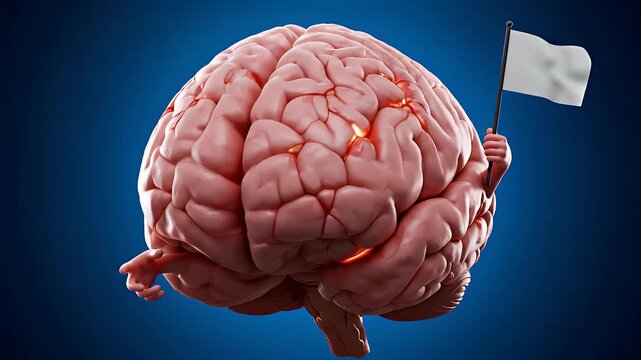 Human Brain With Tiny Arms Holds White Flag Of Surrender Against A Blue Background In A Studio Setting