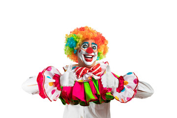 Funny clown thumbs up, man entertainer as Joker in a suit and wig, with clown whiteface makeup. Trickster, jester, pantomime, mime, and a professional actor at events.