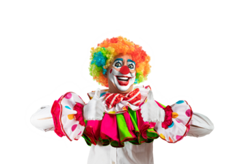 Funny clown thumbs up, man entertainer as Joker in a suit and wig, with clown whiteface makeup. Trickster, jester, pantomime, mime, and a professional actor at events.