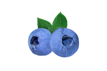 Two blueberries with green leaves on isolated transparent background for design. Ripe fresh juicy blue berries for cooking