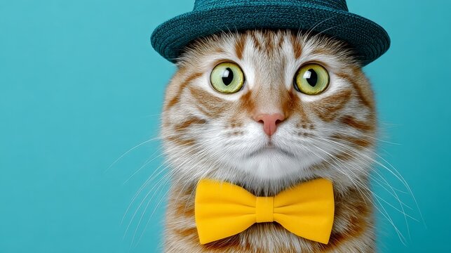 Cat wearing a stylish blue hat and bright yellow bow tie, posing against a vibrant turquoise background, showcasing a playful and whimsical atmosphere in a charming portrait