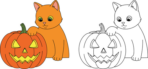 Cute Cat with a Jack O’Lantern Pumpkin, Adorable Halloween Cartoon and Coloring Page Illustration