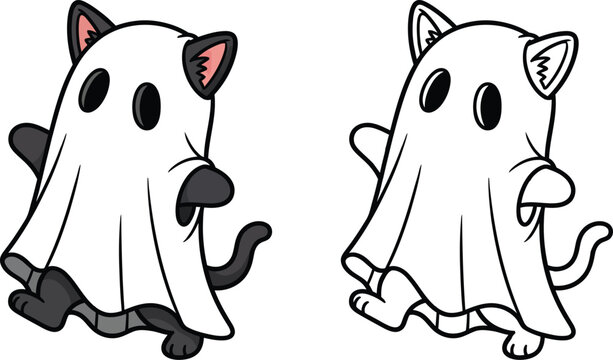 Adorable Black Cat Dressed as a Ghost in Cute Halloween Costume Illustration