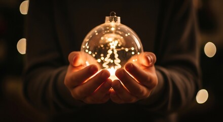 Childs hands holding a glowing christmas ornament, creating a magical and festive scene