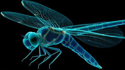 青空を舞うシオカラトンボのレントゲン骨格イメージ