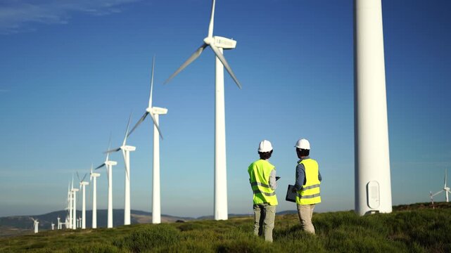 Engineers discussing wind energy project at wind farm, Spain