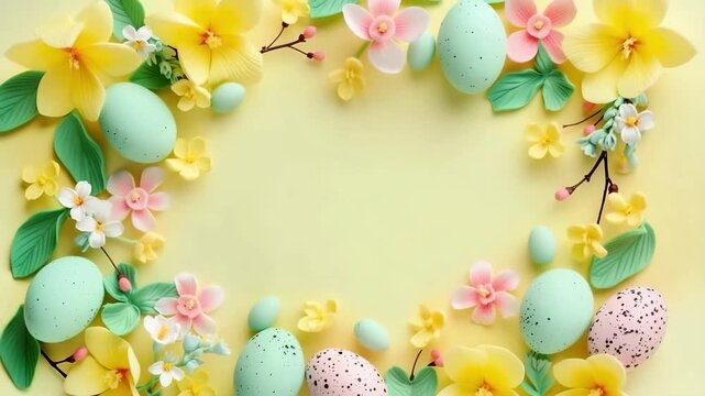 Easter card, banner with frame of pastel eggs, wreaths of flowers made of polymer clay. Copy space. DIY and kids creativity. Handmade Easter craft. 