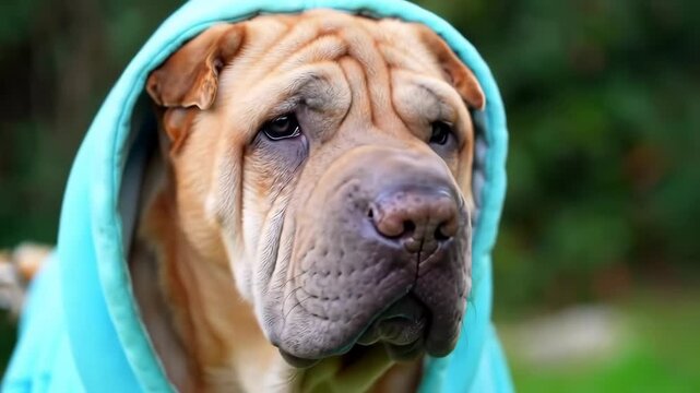 Shar Pei dog wearing blue hoodie outside; close-up portrait with green background; potentially for pet products