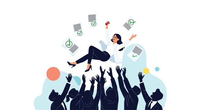 Team celebrates a successful colleague by throwing her in the air amidst scattered papers with checkmarks.