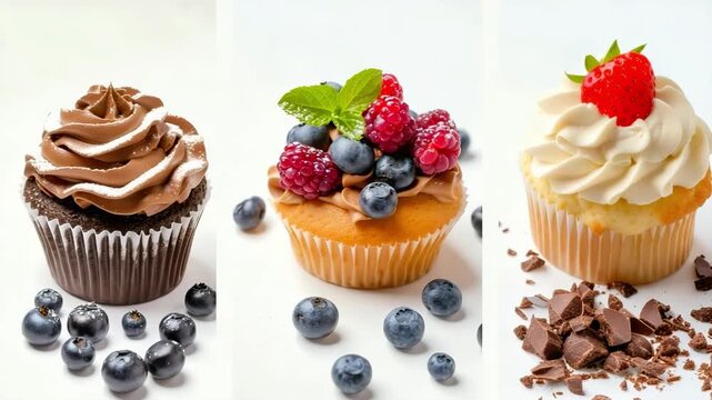Collage Set of different types of sweet dessert, cakes with berries on white background. Sweet treats, cream muffins, chocolate cakes. - Powered by Adobe