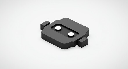Fototapeta premium Minimalist 3D rendered black module with two white dots on a clean white background, representing a simplified electronic component or robotic sensor design
