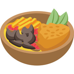 Stylized Wooden Bowl Filled with Vibrant Asian Cuisine Featuring Fried Tofu Slices and Dark Mushrooms on a Yellow Base with Green Leaf Garnish Isolated on White