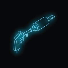 Neon glowing blue icon of a glue gun with a cartridge on a black background isometric view