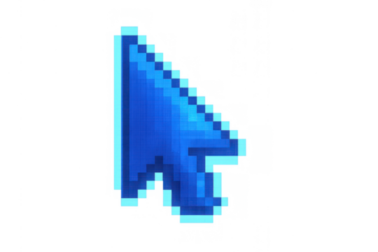 Blue pixelated computer mouse pointer cursor icon providing interactive navigation on digital interfaces