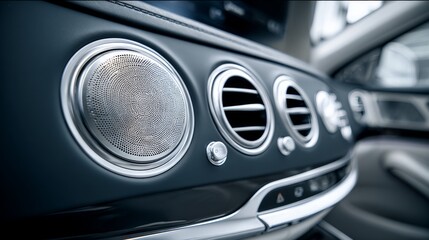 Obraz premium Close-Up View of Premium Car Interior Featuring Modern Speaker and Air Vent with Elegant Design and Sleek Finish for Automotive Photography