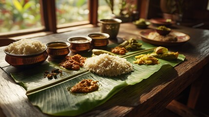 Traditional Onam sadya meal with rice and curries served on banana leaf at wooden table in natural light