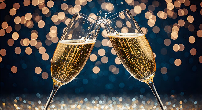 Happy New Year's Eve 2026 Celebration Toast With Two Champagne Flute Glasses Clinking Sparkling Wine Splashing Against Dark Blue And Golden Bokeh Lights Background Festive Holiday Banner Template