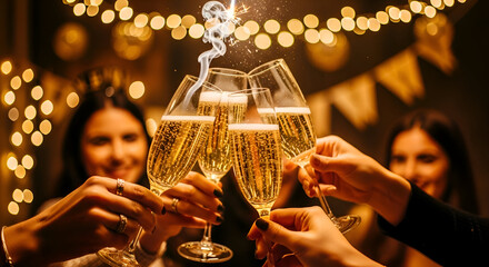 Happy New Year's Eve 2026 Celebration Toast With Champagne Glasses And Sparkler Effect Close Up Of Friends Hands Clinking Flutes Against Festive Golden Bokeh Background Party Success Joy Moment
