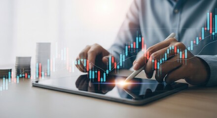 Person using tablet to analyze stock market data with candlestick chart overlay