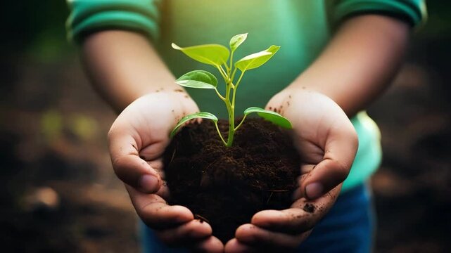 Kids hands hold soil with plant seedling in the rays of sunlight. Environment Earth Day. Save planet. Child caring green plant sprout leaf. 