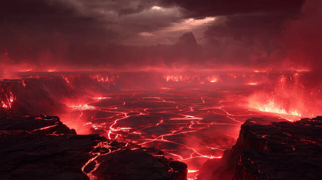 灼熱の火口が広がる地獄の岩山風景の描写