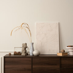 Creative composition of living room interior with mock up poster frame, copy space wooden...