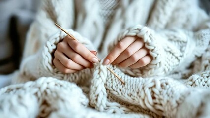 Knitting process, female hands knit product with grey woolen threads and knitting needles. Large knitted scarf or blanket. DIY craft work. - Powered by Adobe